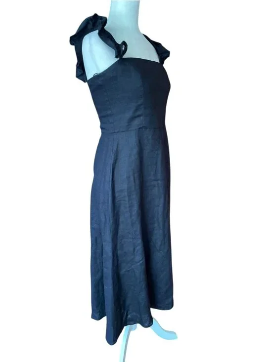Reformation Spaulding 100% Linen Dress Sz 8  Black Ruffle Strap Formal Date - Picture 4 of 15